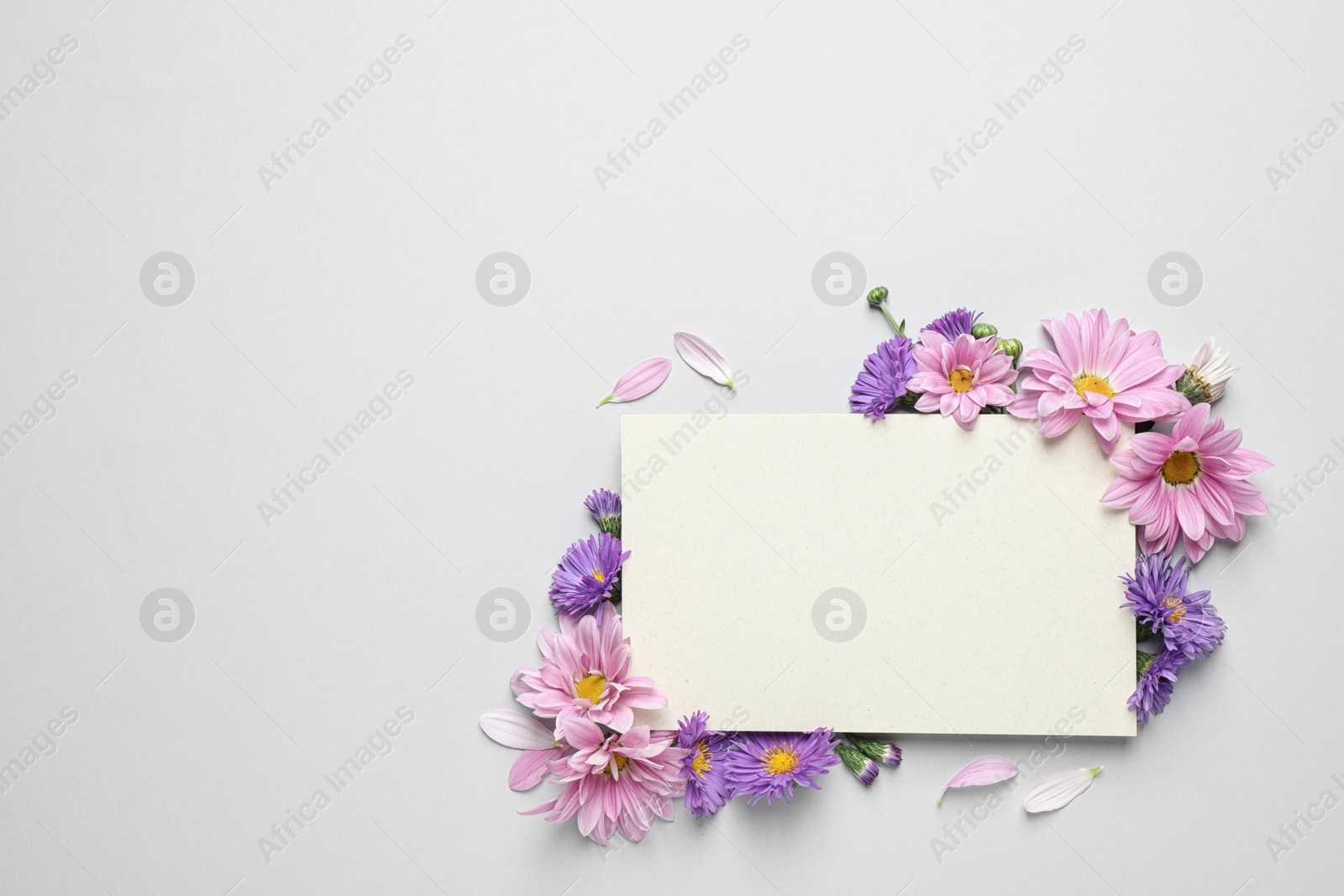 Photo of Beautiful chamomile flowers and paper card on white background, flat lay with space for text