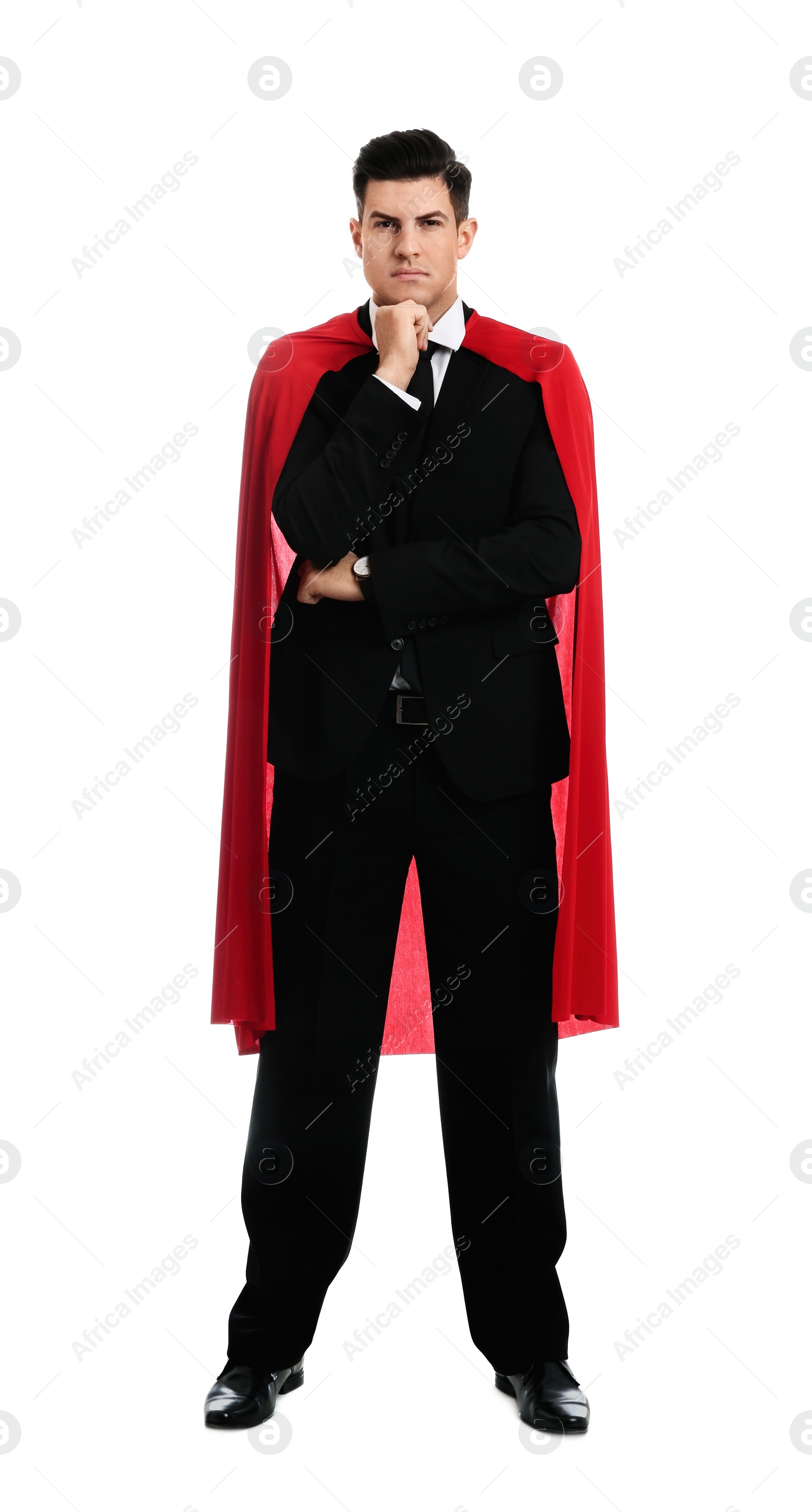 Photo of Man wearing superhero cape on white background