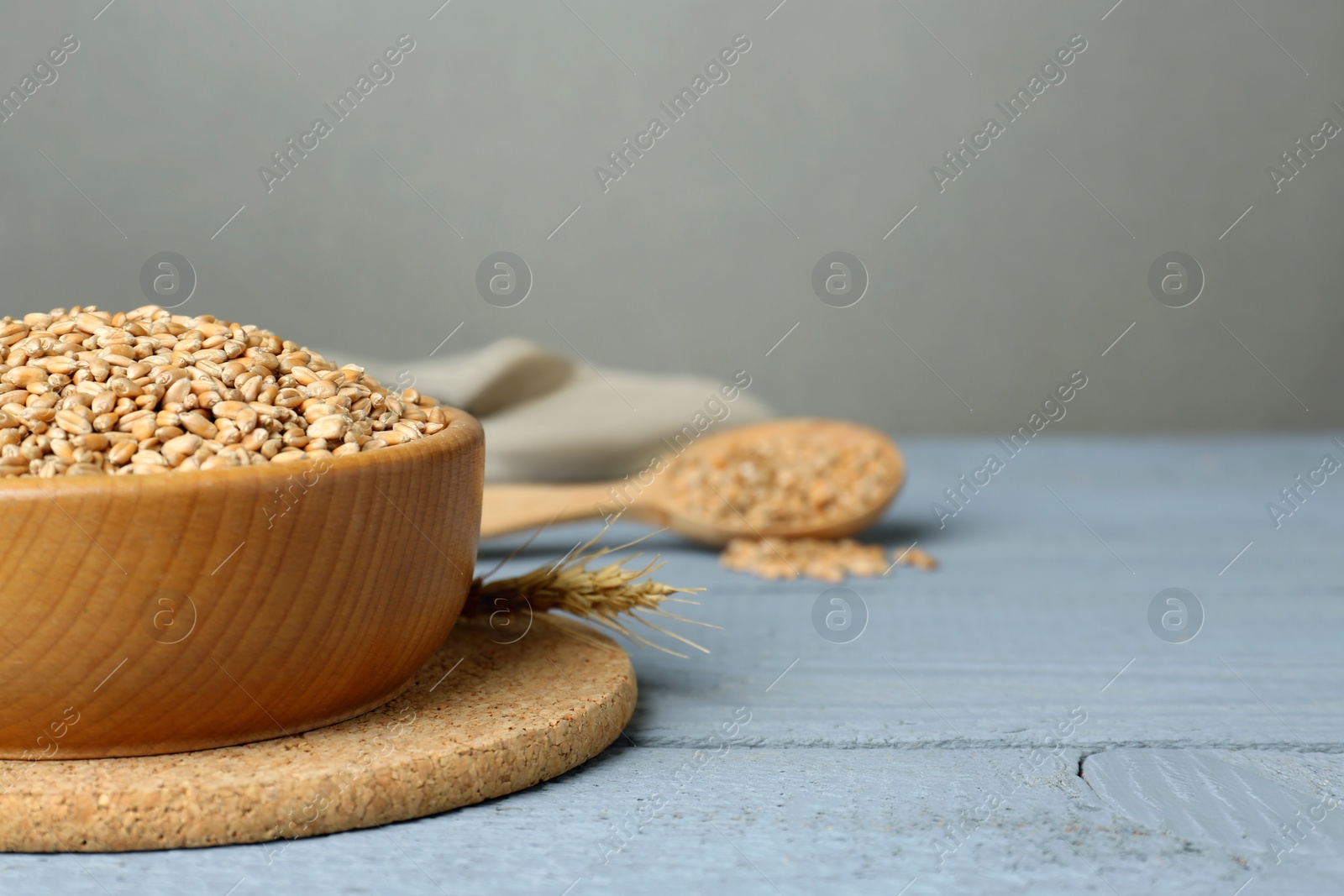 Photo of Bowl with wheat grains on pale light blue wooden table. Space for text