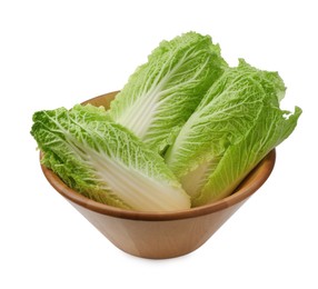 Photo of Fresh tasty Chinese cabbages in bowl on white background