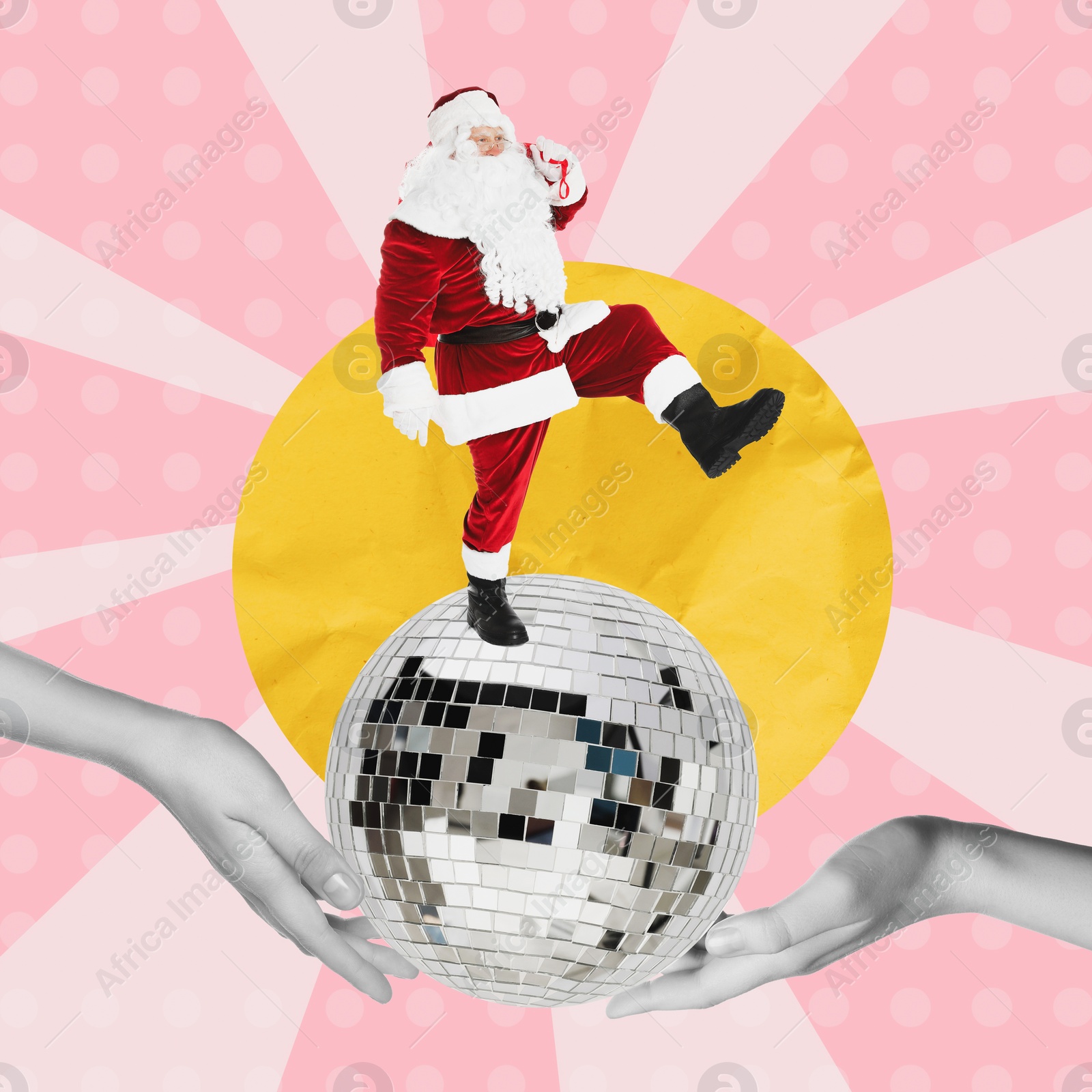 Image of Creative Christmas collage. Santa Claus dancing on disco ball against color background