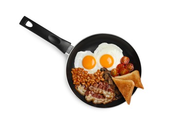 Photo of Frying pan with cooked traditional English breakfast isolated on white, top view