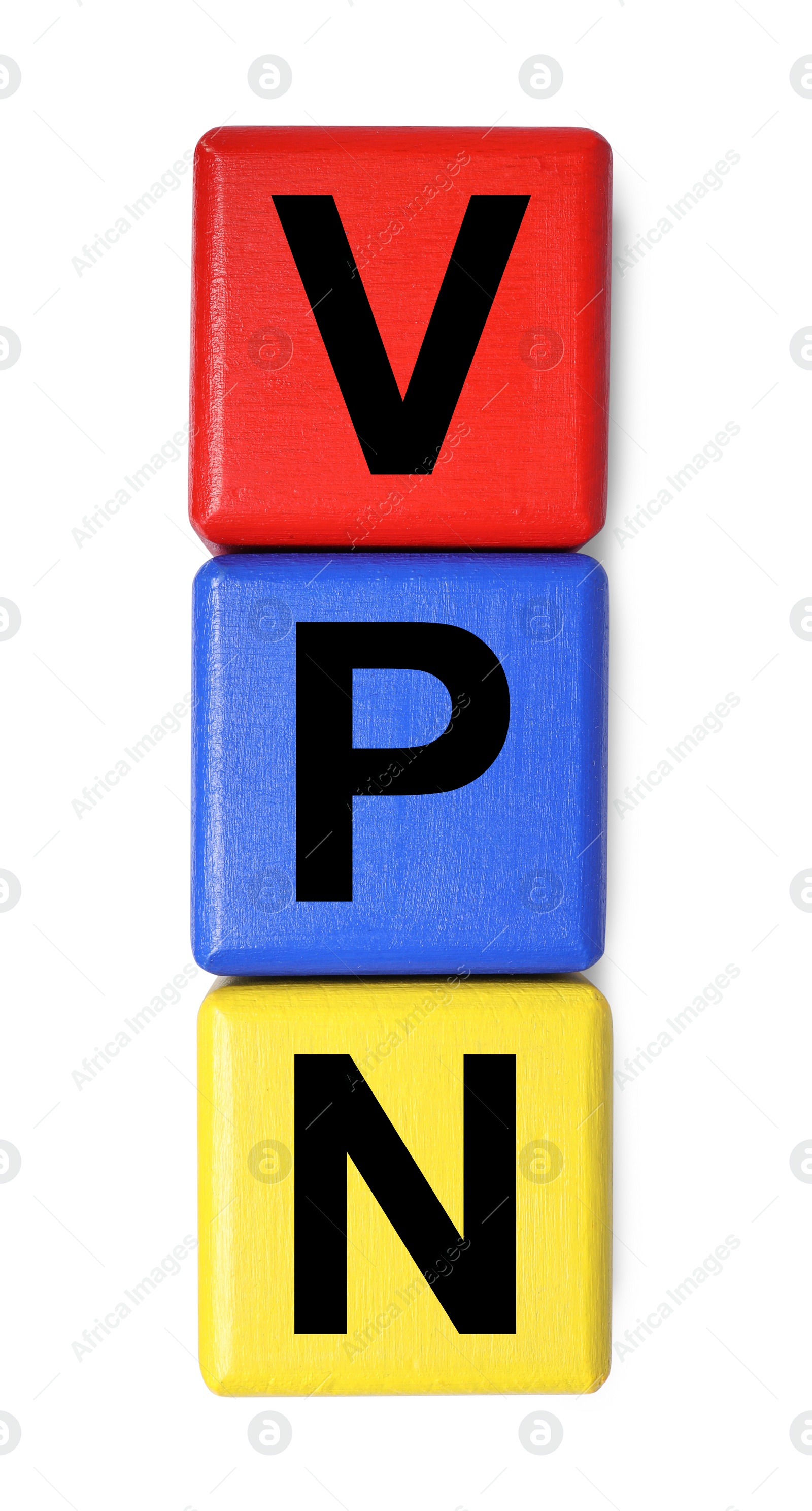 Photo of Colorful cubes with acronym VPN on white background, top view