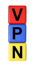 Photo of Colorful cubes with acronym VPN on white background, top view