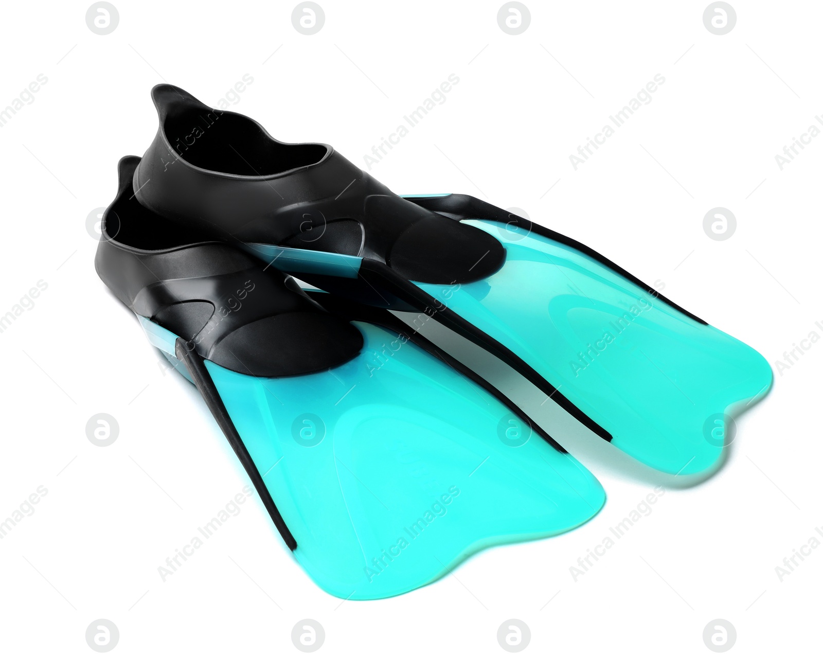 Photo of Pair of blue flippers on white background