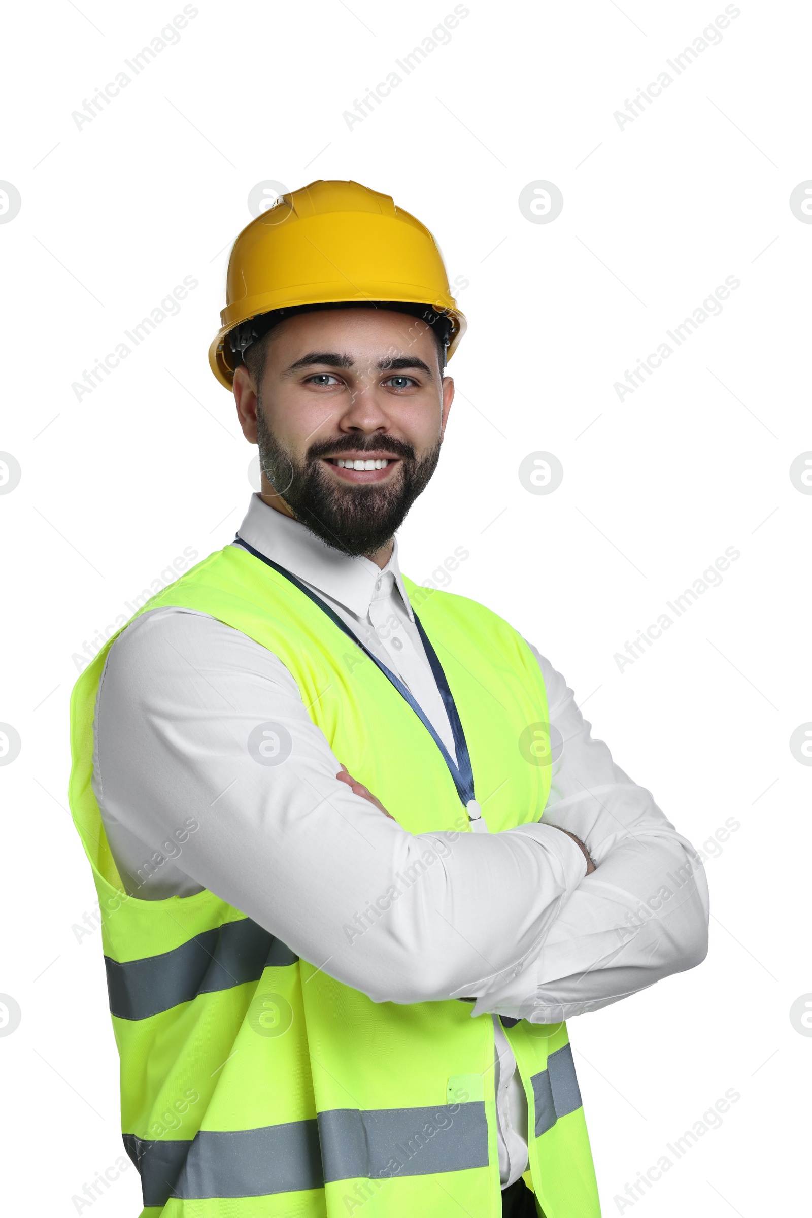 Photo of Engineer in hard hat on white background