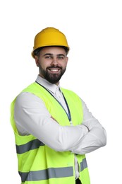 Photo of Engineer in hard hat on white background