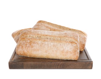 Photo of Crispy ciabattas isolated on white. Fresh bread