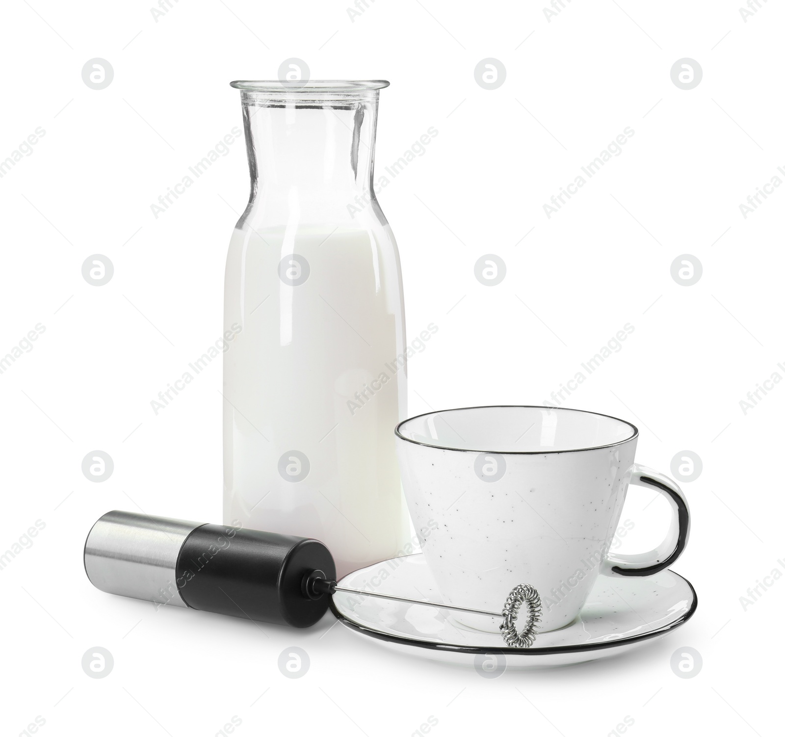 Photo of Mini mixer (milk frother), cup and bottle isolated on white