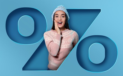 Image of Discount offer. Happy woman sticking out of percent sign on light blue background, banner design
