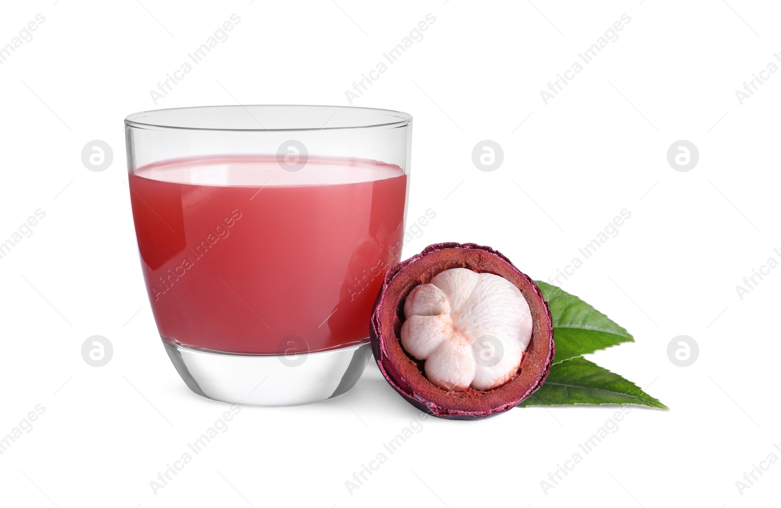 Photo of Delicious mangosteen juice in glass on white background