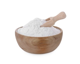 Photo of Bowl and wooden scoop of natural starch isolated on white