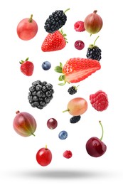 Image of Many different fresh berries falling on white background