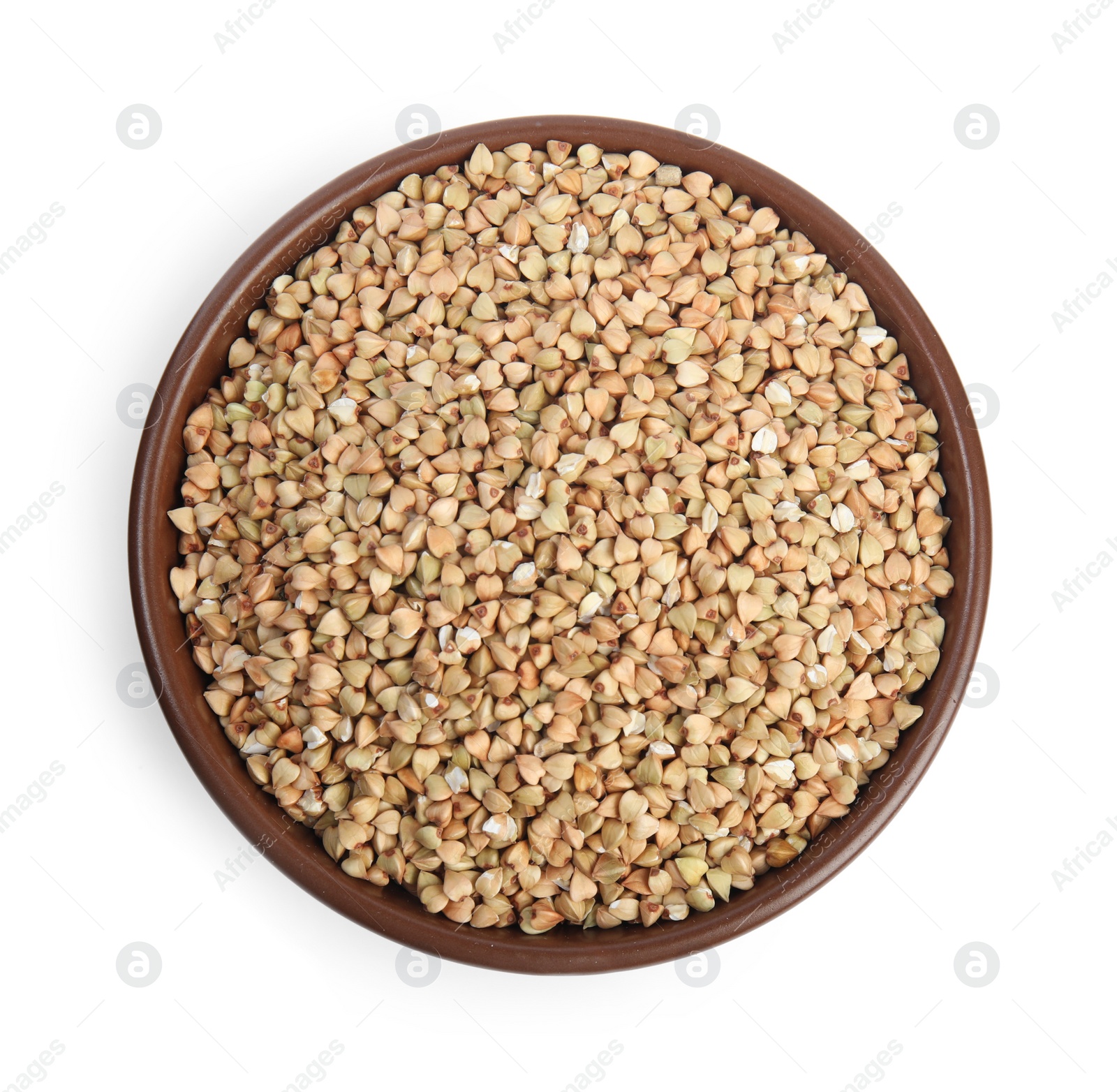 Photo of Green buckwheat in bowl isolated on white, top view