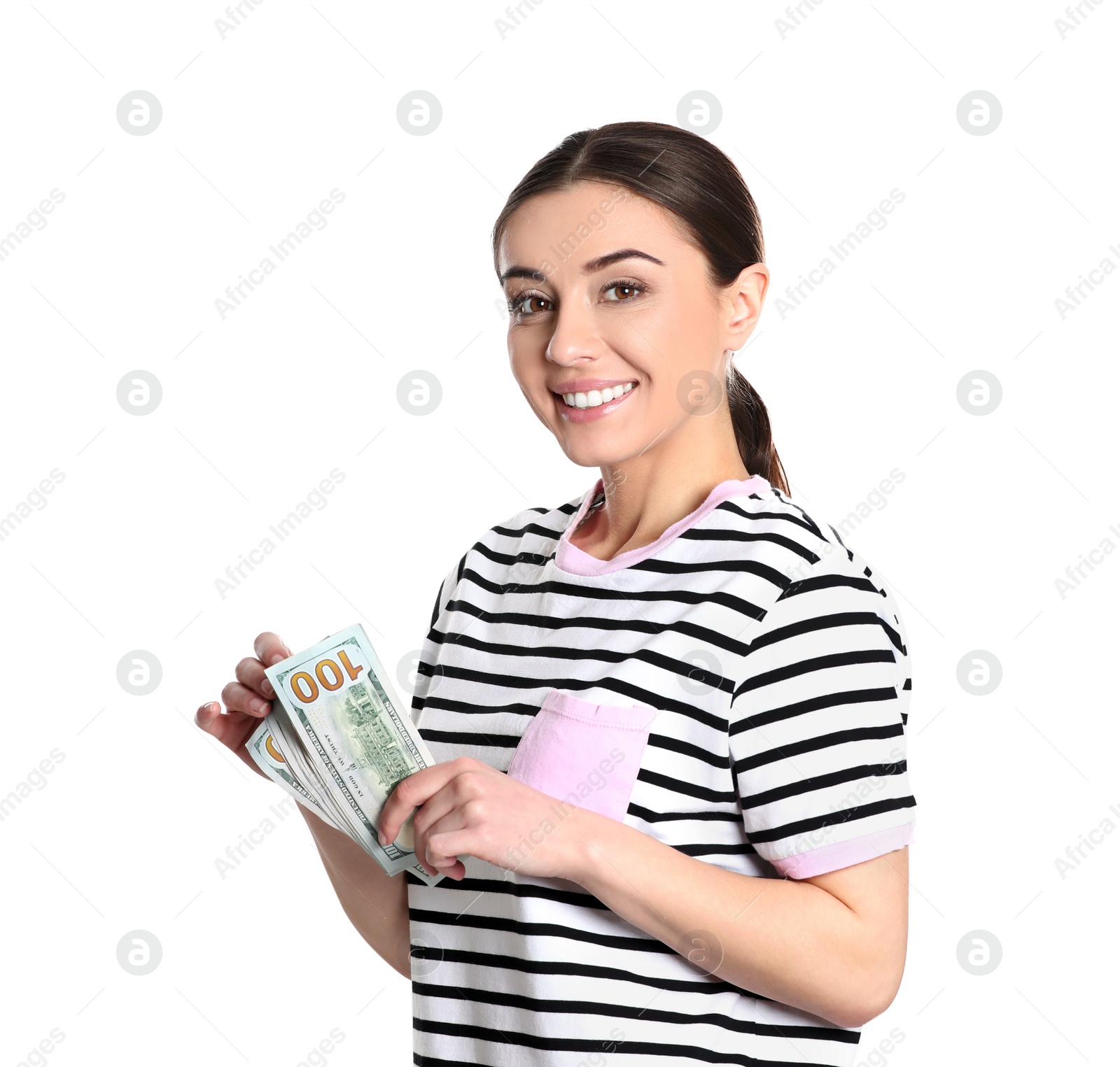 Photo of Portrait of young woman holding money banknotes on white background