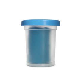 Photo of Plastic container of light blue play dough isolated on white