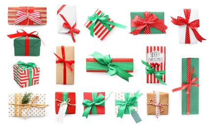 Image of Set of different Christmas gift boxes on white background