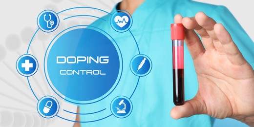 Image of Doping control. Virtual icons and doctor holding test tube with blood sample on light background, closeup