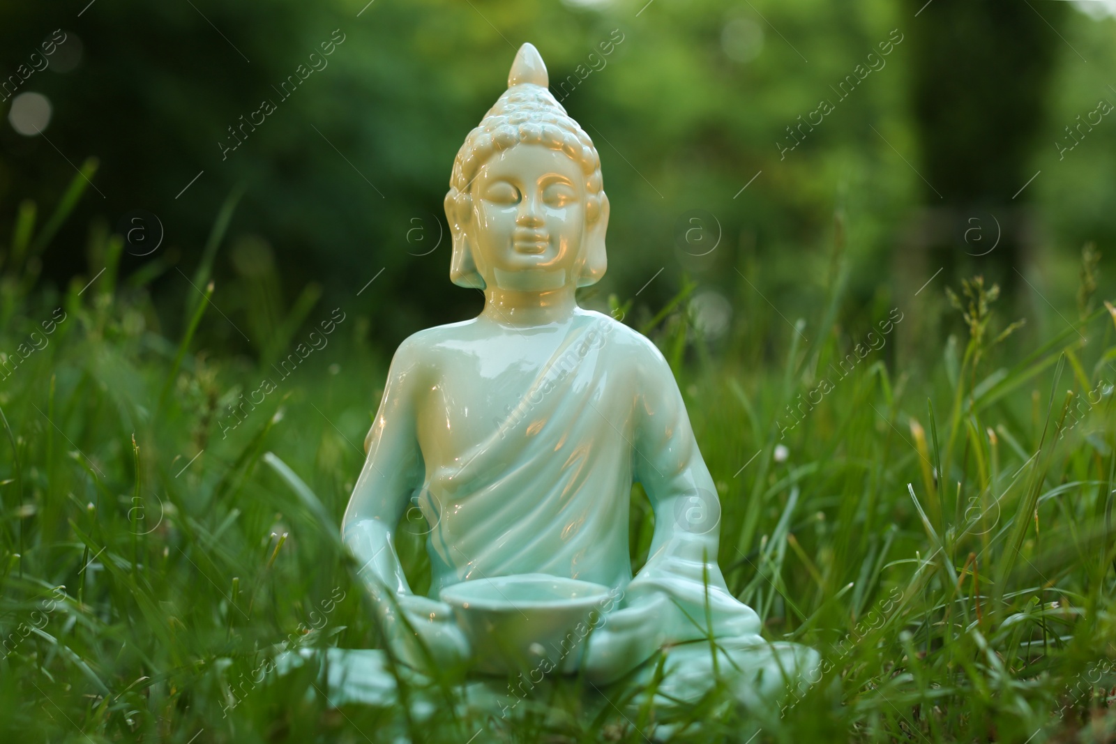 Photo of Decorative Buddha statue in green grass outdoors