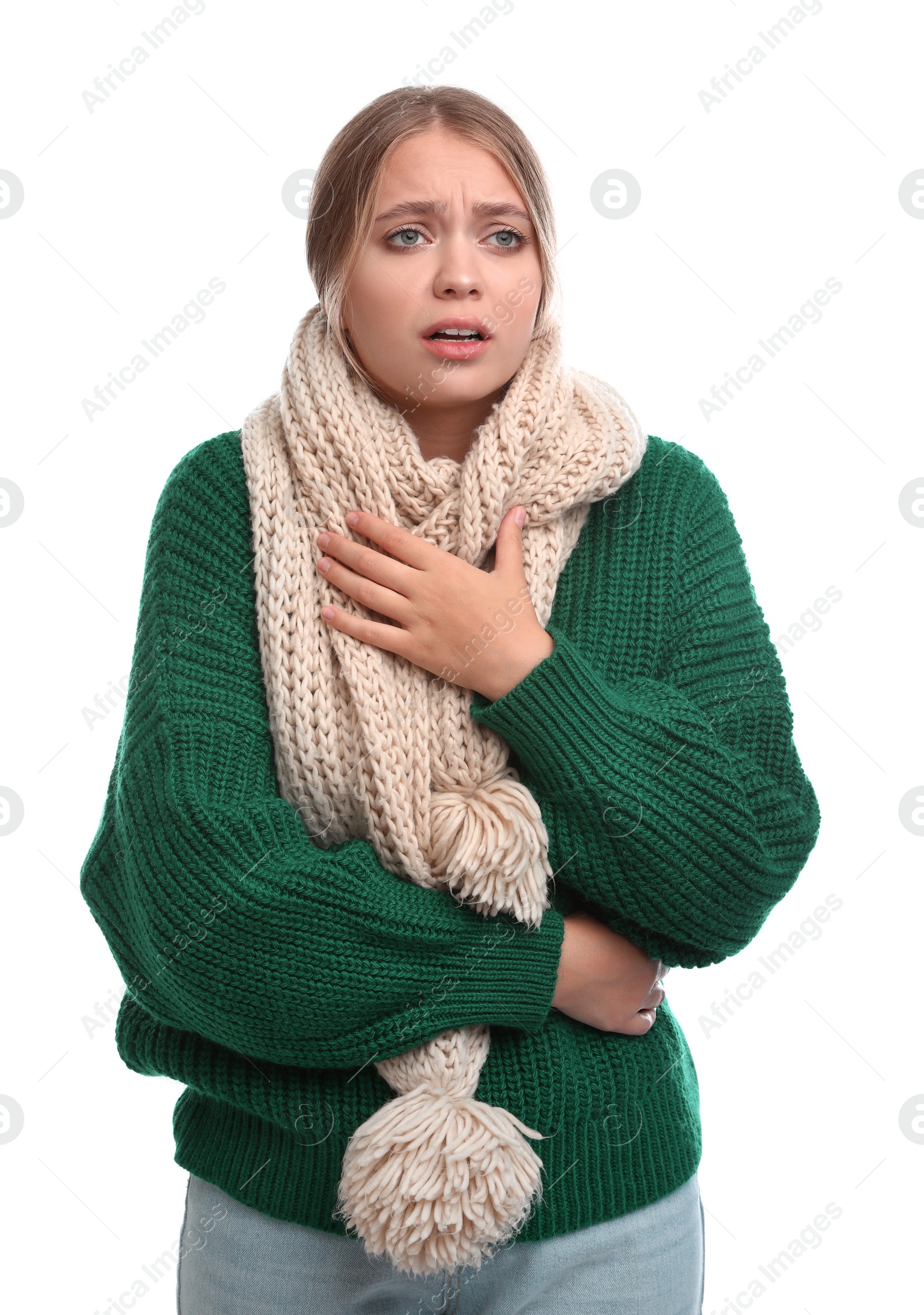 Photo of Young woman suffering from cold on white background