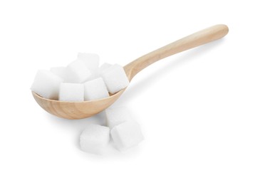 Many sugar cubes and wooden spoon isolated on white