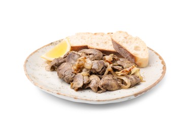 Photo of Tasty fried chicken liver served with lemon and bread isolated on white