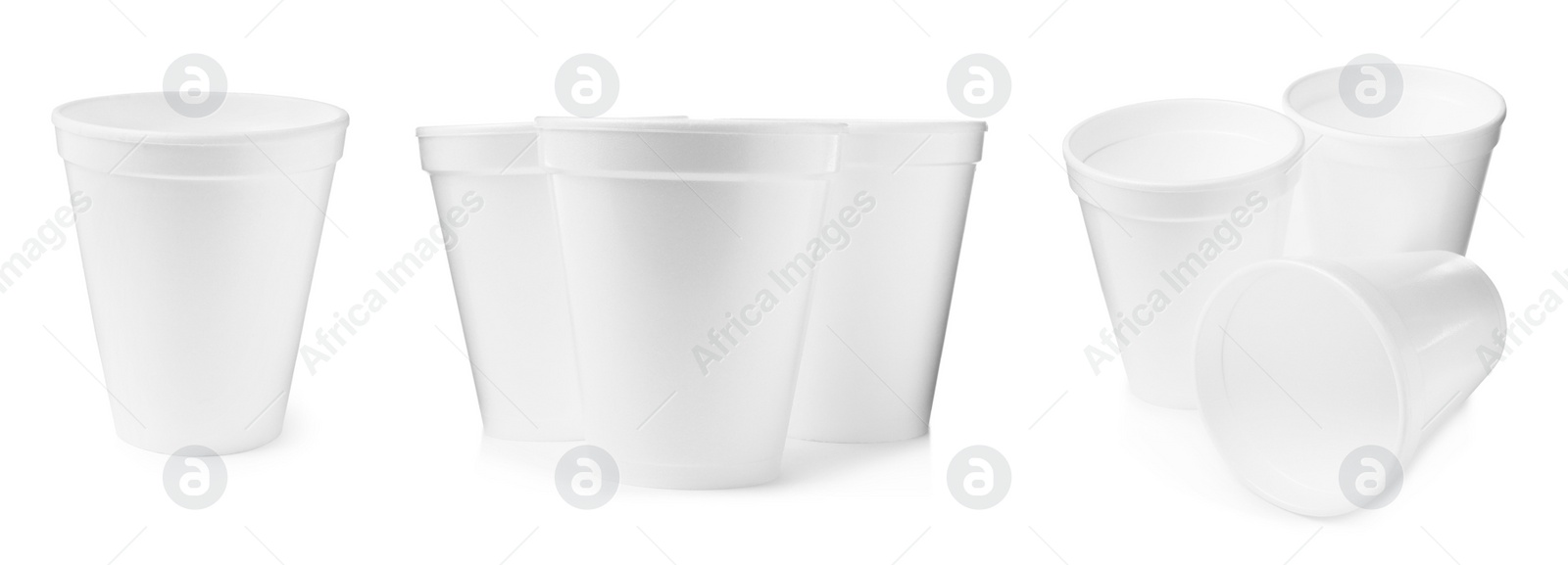 Image of Set with styrofoam cups on white background. Banner design