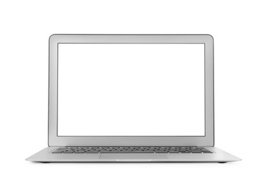 Photo of Modern laptop with blank screen isolated on white