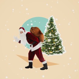 Image of Creative collage. Santa Claus with bag walking near Christmas tree against color background