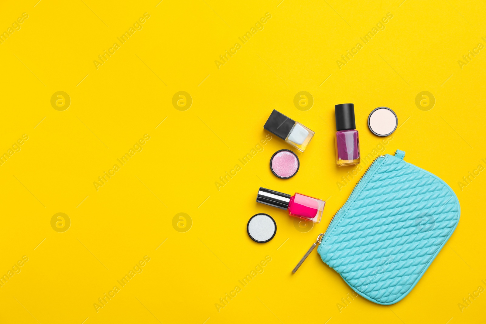 Photo of Flat lay composition with cosmetic products on color background