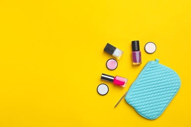 Photo of Flat lay composition with cosmetic products on color background