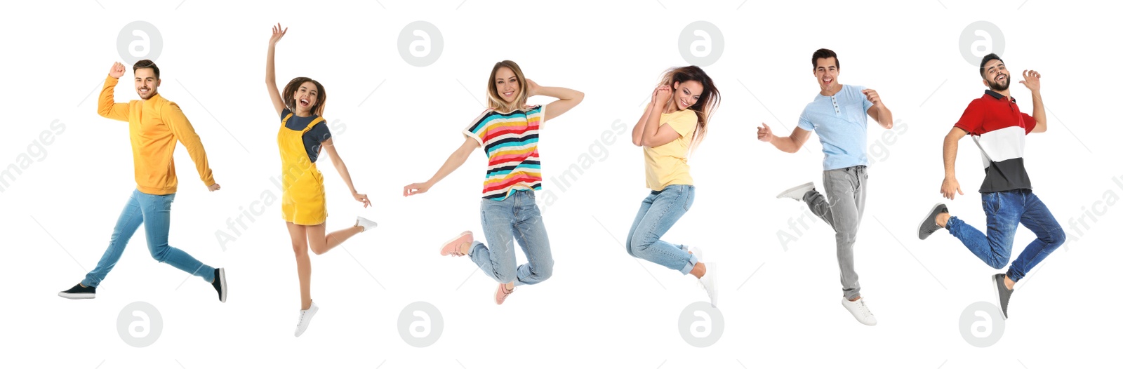 Image of Collage of emotional people wearing fashion clothes jumping on white background. Banner design