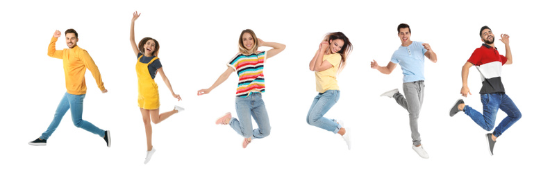 Collage of emotional people wearing fashion clothes jumping on white background. Banner design