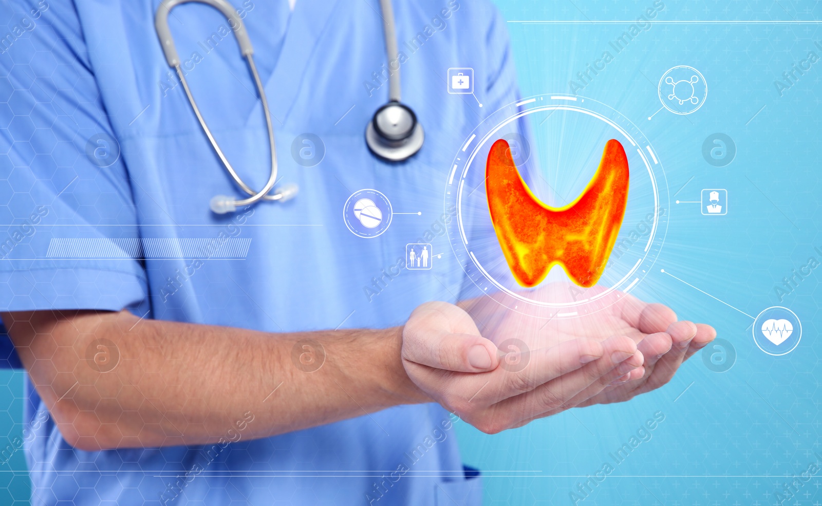 Image of Diagnosis and treatment of thyroid diseases. Endocrinologist holding virtual scheme with unhealthy gland and icons on light blue background, closeup