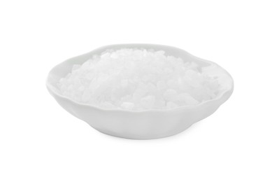 Plate with natural sea salt isolated on white