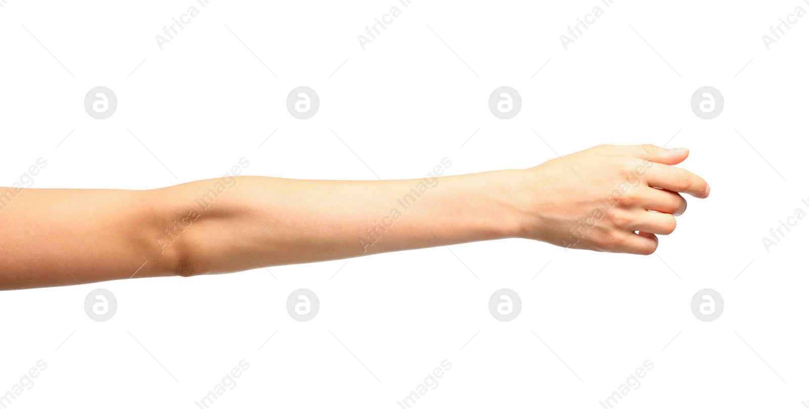 Photo of Young woman holding hand on white background, closeup