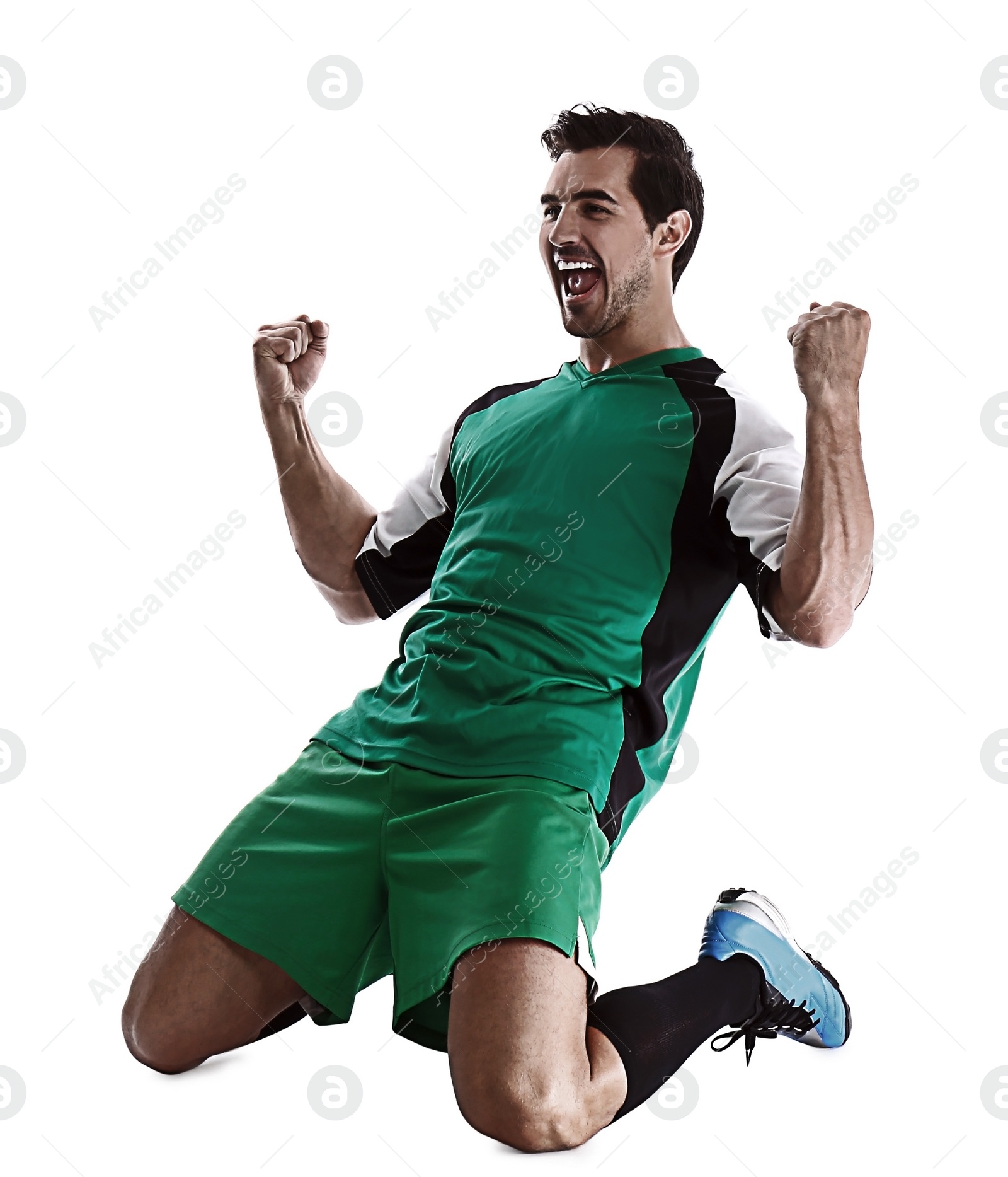 Image of Young emotional football player on white background