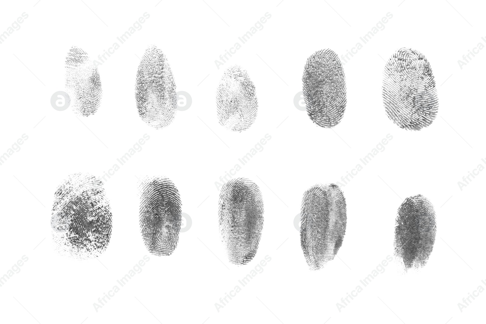 Photo of Many black fingerprints made with ink on white background, top view