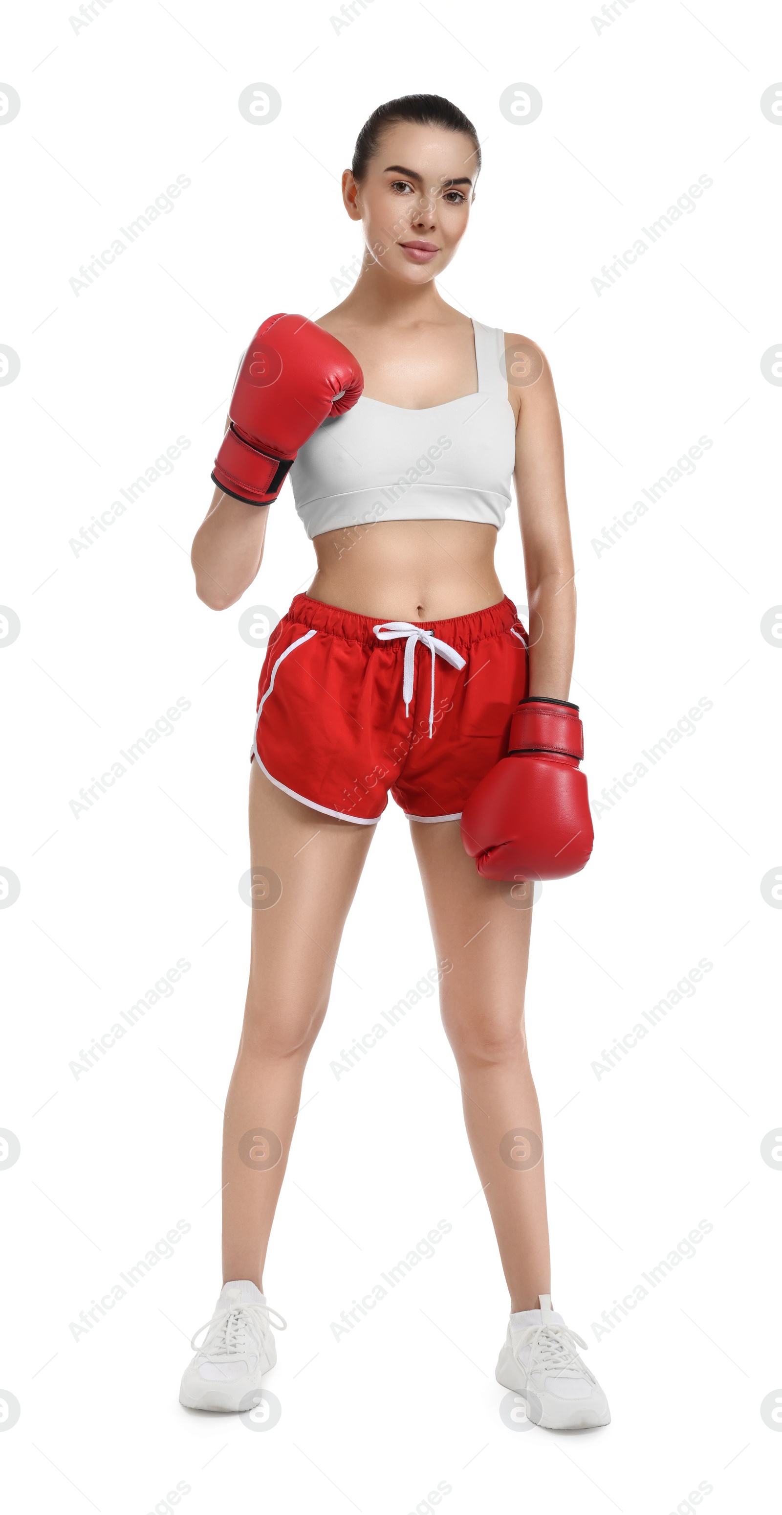 Photo of Beautiful woman in boxing gloves on white background