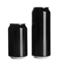 Photo of Black aluminum cans on white background. Mockup for design