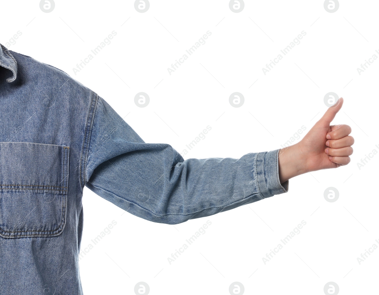 Photo of Woman hitchhiking on white background, closeup view