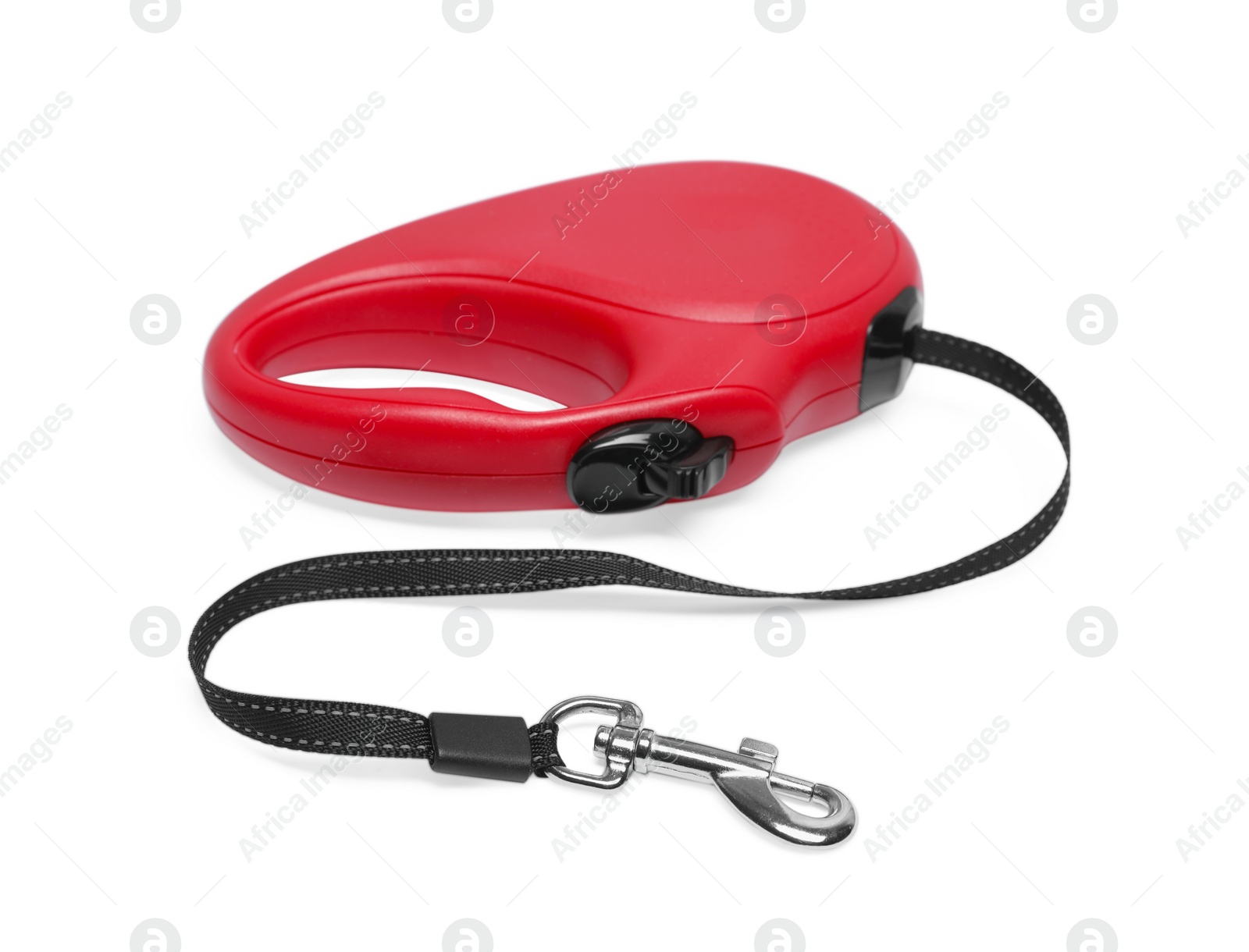 Photo of New red dog retractable leash isolated on white