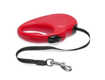Photo of New red dog retractable leash isolated on white