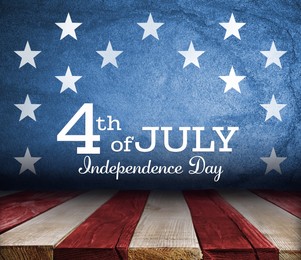 Image of 4th of July - Independence Day of USA. Red and white striped wooden surface on blue background with stars 