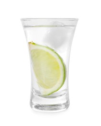 Photo of Glass of vodka with lime and ice isolated on white