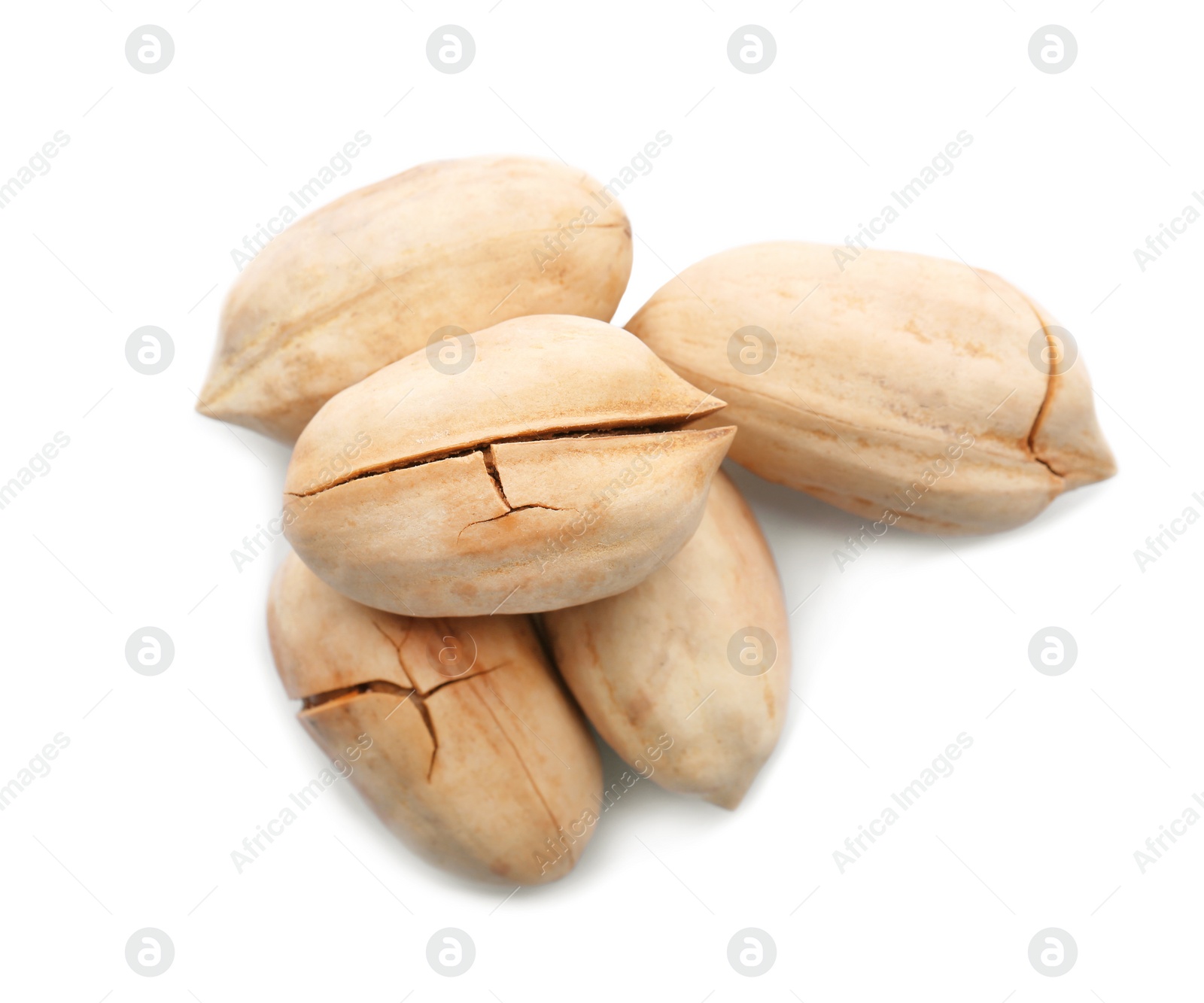 Photo of Heap of pecan nuts in shell on white background, top view