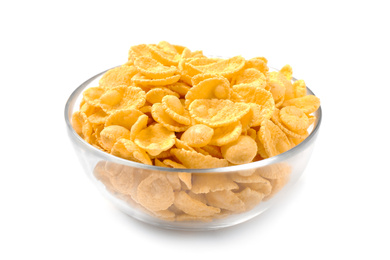 Bowl of tasty corn flakes on white background