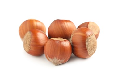 Photo of Tasty organic hazelnuts on white background. Healthy snack