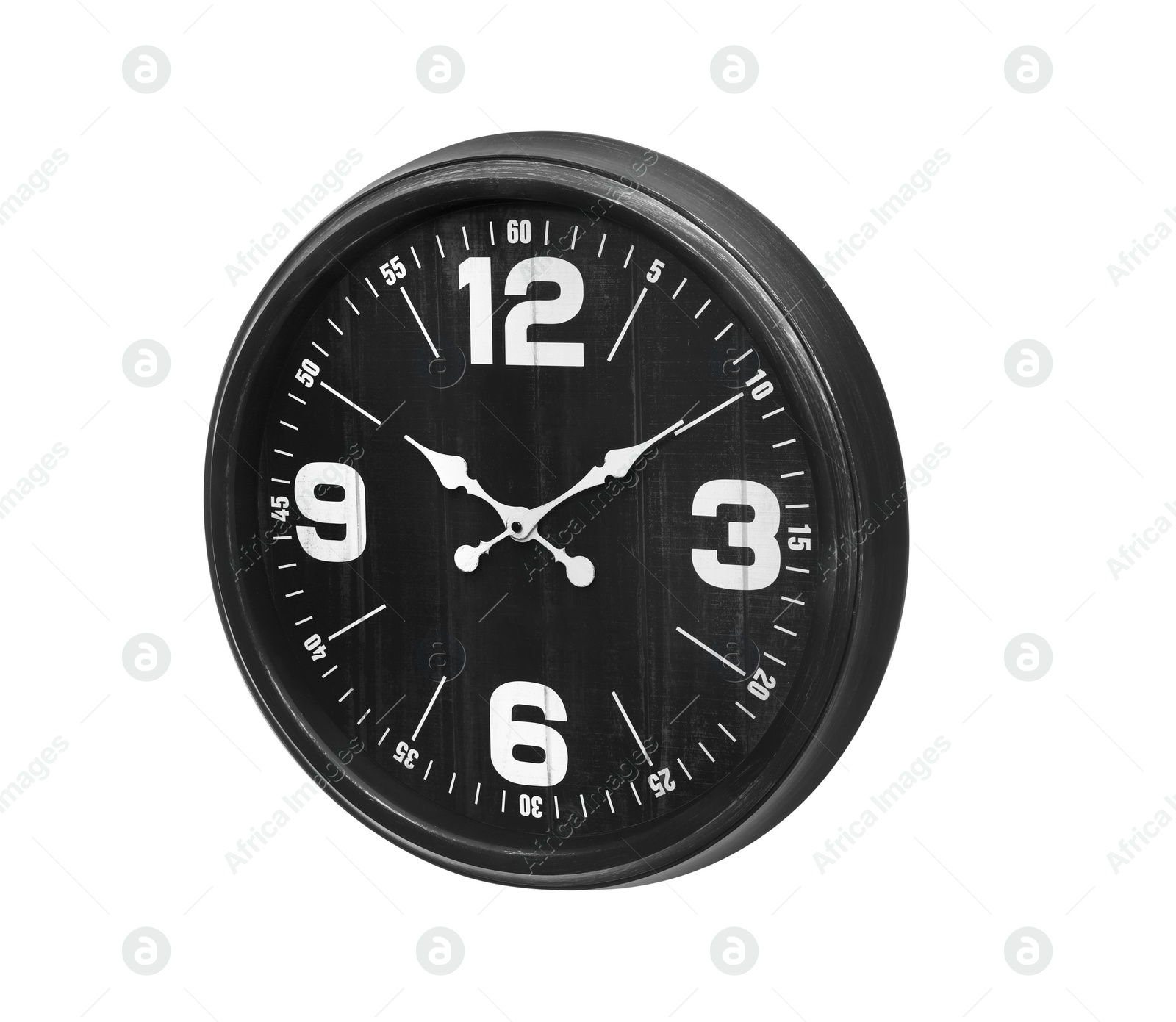Photo of Modern black clock isolated on white. Interior element