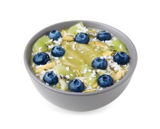 Bowl of delicious fruit smoothie with fresh blueberries, kiwi slices and coconut flakes isolated on white
